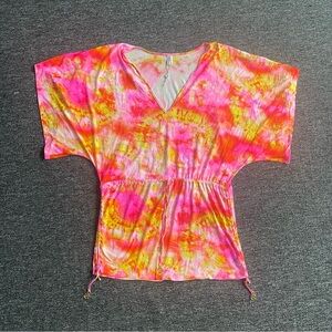 Luli Fama Vibrant Summer Beach Colorful Tie-Dye V-neck Adjustable Flowy Cover Up